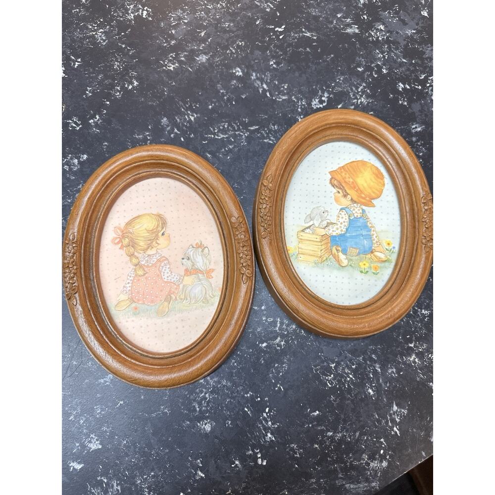Vintage Boy & Bunny, Girl & Puppy Pair Oval Framed Prints Pictures HOMCO